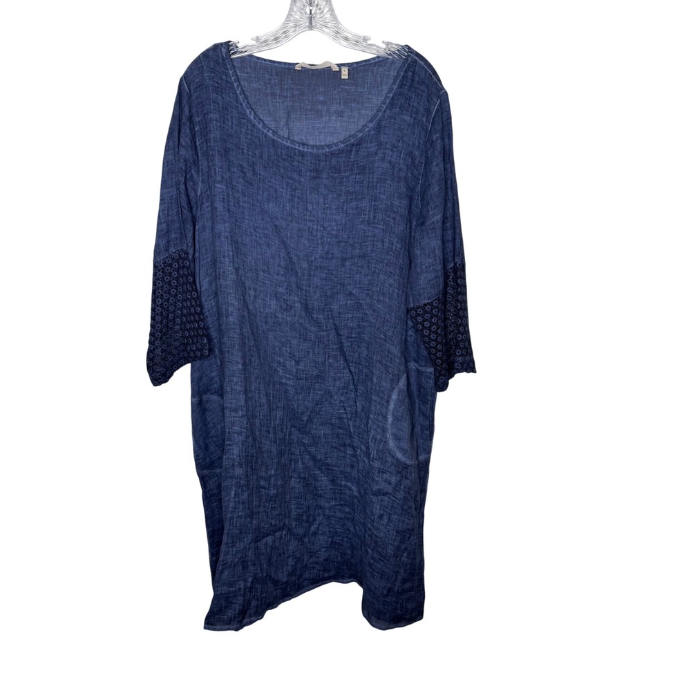 Soft Surroundings Indigo Blue Linen Blend Crochet Sleeve Dress Size M‎